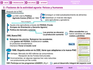 INICIO

PRESENTACIÓN

RECURSOS

GEOGRAFÍA
TEMA 10

INTERNET

2.- Factores de la actividad agraria: físicos y humanos
Después de la PAC
La CEE creó la Política
Agrícola Común (PAC) en 1962

Conseguir un total autoabastecimiento de alimentos
Garantizar un nivel de vida digno
para agricultores y ganaderos

Para conseguirlo

Ayuda a los agricultores a través del FEOGA (Fondo
Europeo de Orientación y Garantía Agraria)
Política de mercado y precios
Los precios se elevaron
La producción aumentó
1992. Nueva PAC
Rebajaron los precios. Redujeron los excedentes
y los gastos del FEOGA. Establecieron cuotas,
en productos excedentarios.
Intentaron frenar el éxodo rural

Altos excedentes que
fueron vendidos con altos
costos y pérdidas

Doc.13

1986. España entra en la CEE, tiene que adaptarse a la nueva PAC
Ventajas: Mercado de 400 millones de consumidores
Recepción de los Fondos Estructurales
Inconvenientes: en algunas regiones han visto reducidas
sus producciones por las cuotas
1991 Participa en los programas LEADER I, II y +

para el desarrollo integral del espacio rural
ANTERIOR

SALIR

Santillana

 