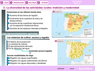 INICIO

PRESENTACIÓN

RECURSOS

GEOGRAFÍA
TEMA 10

INTERNET

3.- La diversidad de las actividades rurales: tradición y modernidad
Variaciones en los últimos treinta años

Ampliación

Aumento de las tierras de regadío
Incremento de la superficie de erial y de
bosque leñoso
Aumento de las superficies relacionadas
con la expansión residencial difusa
Aumento de los espacios naturales protegidos

Los aprovechamientos agrícolas
Los sistemas de cultivo: secano y regadío
El destino de la producción
La variedad de cultivos
El aprovechamiento del suelo
Por la utilización del agua
Contraste secano-regadío

Ampliación

Nuevas modalidades de riego
Regadío con aguas superficiales
Regadío con aguas subterráneas (acuíferos)
Regadío con aguas depuradas y desaladas
ANTERIOR

SALIR

Santillana

 