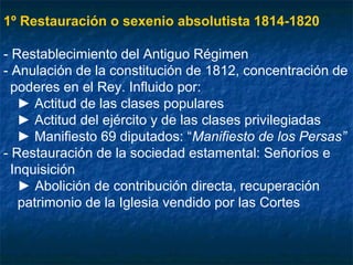 1º Restauración o sexenio absolutista 1814-1820
- Restablecimiento del Antiguo Régimen
- Anulación de la constitución de 1812, concentración de
poderes en el Rey. Influido por:
► Actitud de las clases populares
► Actitud del ejército y de las clases privilegiadas
► Manifiesto 69 diputados: “Manifiesto de los Persas”
- Restauración de la sociedad estamental: Señoríos e
Inquisición
► Abolición de contribución directa, recuperación
patrimonio de la Iglesia vendido por las Cortes

 
