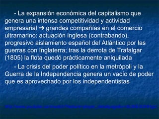 - La expansión económica del capitalismo que
genera una intensa competitividad y actividad
empresarial ➔ grandes compañías en el comercio
ultramarino: actuación inglesa (contrabando),
progresivo aislamiento español del Atlántico por las
guerras con Inglaterra; tras la derrota de Trafalgar
(1805) la flota quedó prácticamente aniquilada
- La crisis del poder político en la metrópoli y la
Guerra de la Independencia genera un vacío de poder
que es aprovechado por los independentistas

http://www.youtube.com/watch?feature=player_detailpage&v=db36E0UMHgU

 