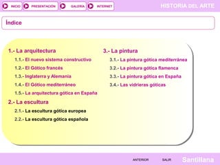 HISTORIA DEL ARTEINTERNET
SantillanaSALIRSALIRANTERIORANTERIOR
PRESENTACIÓNINICIO GALERÍA
Índice
1.- La arquitectura
1.1.- El nuevo sistema constructivo
1.2.- El Gótico francés
1.3.- Inglaterra y Alemania
1.4.- El Gótico mediterráneo
1.5.- La arquitectura gótica en España
3.- La pintura
3.1.- La pintura gótica mediterránea
3.2.- La pintura gótica flamenca
3.3.- La pintura gótica en España
3.4.- Las vidrieras góticas
2.- La escultura
2.1.- La escultura gótica europea
2.2.- La escultura gótica española
 