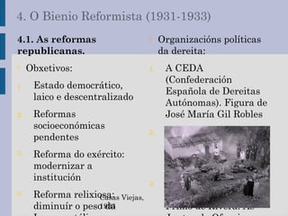 4. O Bienio Reformista (1931-1933)
4.1. As reformas
republicanas.
- Obxetivos:
1. Estado democrático,
laico e descentralizado
2. Reformas
socioeconómicas
pendentes
-- Reforma do exército:
modernizar a
institución
-- Reforma relixiosa:
diminuír o peso da
- Organizacións políticas
da dereita:
1. A CEDA
(Confederación
Española de Dereitas
Autónomas). Figura de
José María Gil Robles
2. Os monárquicos:
Renovación Española
de José Calvo Sotelo, e
os carlistas
3. A Falange Española
(FE): José Antonio
Primo de Rivera. As
Casas Viejas,
1933
 