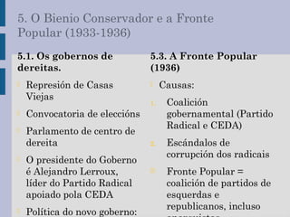 5. O Bienio Conservador e a Fronte
Popular (1933-1936)
5.1. Os gobernos de
dereitas.
- Represión de Casas
Viejas
- Convocatoria de eleccións
- Parlamento de centro de
dereita
- O presidente do Goberno
é Alejandro Lerroux,
líder do Partido Radical
apoiado pola CEDA
- Política do novo goberno:
5.3. A Fronte Popular
(1936)
- Causas:
1. Coalición
gobernamental (Partido
Radical e CEDA)
2. Escándalos de
corrupción dos radicais
-- Fronte Popular =
coalición de partidos de
esquerdas e
republicanos, incluso
 