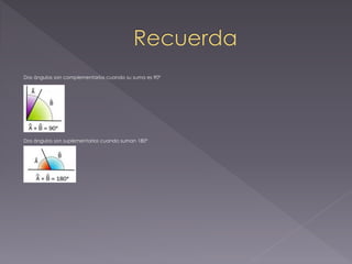 Dos ángulos son complementarios cuando su suma es 90º
Dos ángulos son suplementarios cuando suman 180º
 
