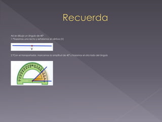 Así se dibuja un ángulo de 40º
1.ºTrazamos una recta y señalamos el vértice (V)
2.ºCon el transportador, marcamos la amplitud de 40º y trazamos el otro lado del ángulo
 
