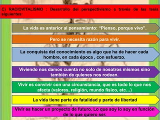 C) RACIOVITALISMO : Desarrollo del perspectivismo a través de las tesis
siguientes:
La vida es anterior al pensamiento: “Pienso, porque vivo”.
Pero se necesita razón para vivir.
La conquista del conocimiento es algo que ha de hacer cada
hombre, en cada época , con esfuerzo.
Viviendo nos damos cuenta no solo de nosotros mismos sino
también de quienes nos rodean.
Vivir es convivir con una circunstancia, que es todo lo que nos
afecta (valores, religión, mundo físico, etc…)
La vida tiene parte de fatalidad y parte de libertad
Vivir es hacer un proyecto de futuro. Lo que soy lo soy en función
de lo que quiero ser.
 