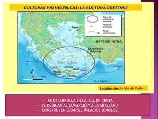 - SE DESARROLLA EN LA ISLA DE CRETA
- SE DEDICAN AL COMERCIO Y A LA ARTESANIA
- CONSTRUYEN GRANDES PALACIOS (CNOSOS)
 