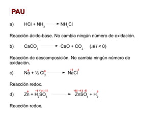 PAUPAU
a) HCl + NH3
NH4
Cl
Reacción ácido-base. No cambia ningún número de oxidación.
b) CaCO3
CaO + CO2
(DH < 0)
Reacción de descomposición. No cambia ningún número de
oxidación.
c) Na + ½ Cl2
NaCl
Reacción redox.
d) Zn + H2
SO4
ZnSO4
+ H2
Reacción redox.
0 0 +I -I
0 +I +VI -II +II +VI -II 0
 