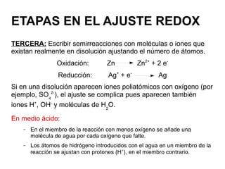 ETAPAS EN EL AJUSTE REDOX
TERCERA: Escribir semirreacciones con moléculas o iones que
existan realmente en disolución ajustando el número de átomos.
Oxidación: Zn Zn2+
+ 2 e-
Reducción: Ag+
+ e-
Ag
Si en una disolución aparecen iones poliatómicos con oxígeno (por
ejemplo, SO4
2-
), el ajuste se complica pues aparecen también
iones H+
, OH-
y moléculas de H2
O.
En medio ácido:
– En el miembro de la reacción con menos oxígeno se añade una
molécula de agua por cada oxígeno que falte.
– Los átomos de hidrógeno introducidos con el agua en un miembro de la
reacción se ajustan con protones (H+
), en el miembro contrario.
 