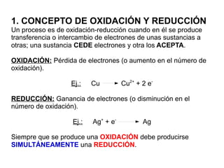 1. CONCEPTO DE OXIDACIÓN Y REDUCCIÓN
Un proceso es de oxidación-reducción cuando en él se produce
transferencia o intercambio de electrones de unas sustancias a
otras; una sustancia CEDE electrones y otra los ACEPTA.
OXIDACIÓN: Pérdida de electrones (o aumento en el número de
oxidación).
Ej.: Cu Cu2+
+ 2 e-
REDUCCIÓN: Ganancia de electrones (o disminución en el
número de oxidación).
Ej.: Ag+
+ e-
Ag
Siempre que se produce una OXIDACIÓN debe producirse
SIMULTÁNEAMENTE una REDUCCIÓN.
 