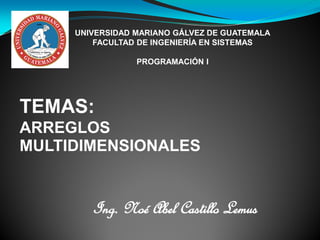 Ing. Noé Abel Castillo Lemus
UNIVERSIDAD MARIANO GÁLVEZ DE GUATEMALA
FACULTAD DE INGENIERÍA EN SISTEMAS
PROGRAMACIÓN I
TEMAS:
ARREGLOS
MULTIDIMENSIONALES
 