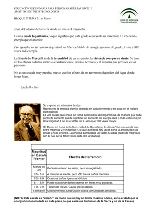EDUCACIÓN SECUNDARIA PARA PERSONAS ADULTAS NIVEL II
ÁMBITO CIENTÍFICO TECNOLÓGICO

BLOQUE IX TEMA 2: Las Rocas



zona del interior de la tierra donde se inicia el terremoto.

Es una escala logarítmica, lo que significa que cada grado representa un terremoto 10 veces más
energía que el anterior.

Por ejemplo, un terremoto de grado 6 no libera el doble de energía que uno de grado 3, sino 1000
veces más energía.

La Escala de Mercalli mide la intensidad de un terremoto, la violencia con que se siente. Se basa
en los efectos o daños sobre las construcciones, objetos, terrenos y el impacto que provoca en las
personas.

No es una escala muy precisa, puesto que los efectos de un terremoto dependen del lugar donde
tenga lugar.


     Escala Richter




                        Se expresa en números árabes
                        Representa la energía sísmica liberada en cada terremoto y se basa en el registro
                        sismográfico.
                        Es una escala que crece en forma potencial o semilogarítmica, de manera que cada
                        punto de aumento puede significar un aumento de energía diez o más veces mayor.
                        Una magnitud 4 no es el doble de 2, sino que 100 veces mayor.

                        (El Doctor en física de la Universidad de Barcelona, Sr. Josep Vila, nos aporta que
                        entre magnitud 2 y magnitud 4, lo que aumenta 100 veces sería la amplitud de las
                        ondas y no la energía. La energía aumentaría un factor 33 cada grado de magnitud,
                        con lo cual sería 1000 veces cada dos unidades)




              Magnitud
              en Escala
                                              Efectos del terremoto
               Richter

                Menos de
                         Generalmente no se siente, pero es registrado
                  3.5
                3.5 - 5.4   A menudo se siente, pero sólo causa daños menores
                5.5 - 6.0   Ocasiona daños ligeros a edificios
                6.1 - 6.9   Puede ocasionar daños severos en áreas muy pobladas.
                7.0 - 7.9   Terremoto mayor. Causa graves daños
               8 o mayor Gran terremoto. Destrucción total a comunidades cercanas.

(NOTA: Esta escala es "abierta", de modo que no hay un límite máximo teórico, salvo el dado por la
energía total acumulada en cada placa, lo que sería una limitación de la Tierra y no de la Escala)
 