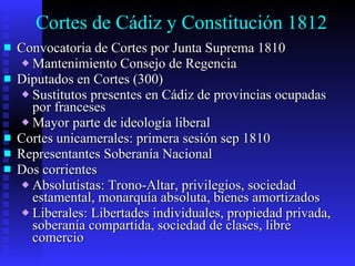 Cortes de Cádiz y Constitución 1812 Convocatoria de Cortes por Junta Suprema 1810 Mantenimiento Consejo de Regencia Diputados en Cortes (300) Sustitutos presentes en Cádiz de provincias ocupadas por franceses Mayor parte de ideología liberal Cortes unicamerales: primera sesión sep 1810 Representantes Soberanía Nacional Dos corrientes Absolutistas: Trono-Altar, privilegios, sociedad estamental, monarquía absoluta, bienes amortizados Liberales: Libertades individuales, propiedad privada, soberanía compartida, sociedad de clases, libre comercio 