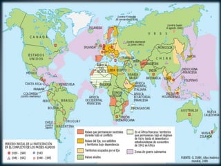 Fases de la GuerraLa guerra tendrá tres fases claramente diferenciadas:La primera de victorias para el eje (hasta junio/septiembre 1941)Una segunda de estabilización que se alargará todo 1942La segunda hasta el triunfo de los aliados (desde verano 1942- principios del 43 con la entrada de la URSS y EE.UU., un año antes)