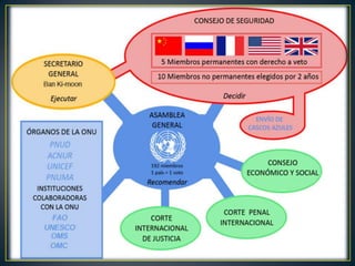ESTRUCTURALa Asamblea General es quizá el órgano más significativo, reúne a los representantes de todos los países participantes, es un órgano deliberante y se reúne ensesionesordinarias y extraordinarias (a petición del Consejo de Seguridad).El Consejo de Seguridad es quizá el órgano con más peso. Está compuesto por 15 miembros, de ellos cinco son fijos (Estados Unidos, Unión Soviética, China, Francia y Gran Bretaña) y diez electivos por un periodo de dos años. Los países con escaño fijo en el Consejo tienen derecho de veto.Consejo Económico y Social, está integrado por 54 países y trata de fomentar la cooperación económica internacional y la ayuda humanitaria.  De él dependen el FMI, la FAO, UNICEF o la OMS.Tribunal Internacional de Justicia, tiene su sede en la ciudad holandesa de La Haya, está integrado por jueces de distintos países, juzgan querellas y litigios entre países, sus decisiones son de obligado cumplimiento.Por último tenemos el Secretariado, a cuya cabeza se encuentra un Secretario General que es el responsable máximo de la Organización. Su papel es muy importante desde el punto de vista diplomático y son muchas las misiones que han desarrollado para el mantenimiento de la paz, en la actualidad el coreano Ban Ki-moon ocupa este cargo.