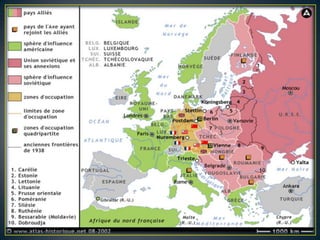 4.1. El deterioro de las relaciones entre los aliadosA pesar de haberse repartido el mundo, ambas evidencian enormes discrepancias territoriales, militares, sociales, políticas y económicas:-EE.UU. Expulsa a los comunistas de los países bajo su influencia (Francia, Italia, Bélgica y Dinamarca)-URSS crea democracias populares (Polonia, Rumania…)