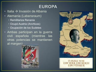 EUROPAItalia  Invasión de AlbaniaAlemania (Labensraum)Remilitariza RenaniaOcupó Austria (Anchluss)Ocupación de los SudetesAmbas participan en la guerra civil española (mientras las otras potencias se mantienen al margen)