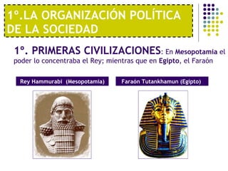 1º.LA ORGANIZACIÓN POLÍTICA DE LA SOCIEDAD <ul><li>1º. PRIMERAS CIVILIZACIONES : En  Mesopotamia  el poder lo concentraba ...