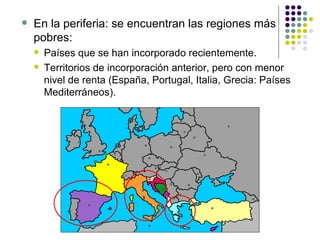 En la periferia: se encuentran las regiones más pobres:  Países que se han incorporado recientemente. Territorios de incorporación anterior, pero con menor nivel de renta (España, Portugal, Italia, Grecia: Países Mediterráneos). 