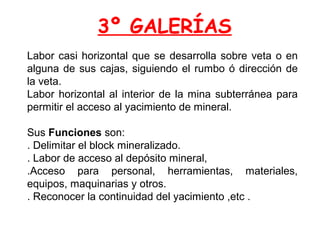 3º GALERÍAS 
Labor casi horizontal que se desarrolla sobre veta o en 
alguna de sus cajas, siguiendo el rumbo ó dirección de 
la veta. 
Labor horizontal al interior de la mina subterránea para 
permitir el acceso al yacimiento de mineral. 
Sus Funciones son: 
. Delimitar el block mineralizado. 
. Labor de acceso al depósito mineral, 
.Acceso para personal, herramientas, materiales, 
equipos, maquinarias y otros. 
. Reconocer la continuidad del yacimiento ,etc . 
 