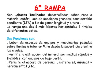 6º RAMPA 
Son Labores Inclinadas desarrolladas sobre roca o 
material estéril, son de secciones grandes, considerable 
pendiente (12%) a fin de ganar longitud y altura . 
La rampa une dos ó más labores horizontales ó niveles 
de diferentes cotas. 
Sus Funciones son: 
, Labor de accesos de equipos y maquinarias pesadas 
sobre llantas a interior Mina desde la superficie o entre 
los niveles. 
. Permite la extracción del mineral por medios rápidos y 
flexibles con equipos de bajo perfil. 
. Permite el acceso de personal , materiales, insumos y 
herramientas ,etc. 
 