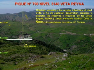 PIQUE NN°° 779900 NNIIVVEELL 33114400 VVEETTAA RREEYYNNAA 
Nv. 3140 
Nv. 3080 
Nv. 3020 
BOLSILLO 
9.5 m (30-06-06) 
CX 
OObbjjeettiivvoo:: aacccceeddeerr aa llooss nniivveelleess iinnffeerriioorreess aall nniivveell 
33114400,, aa ffiinn ddee eexxpplloorraarr,, ddeessaarrrroollllaarr,, pprreeppaarraarr yy 
eexxpplloottaarr llaass rreesseerrvvaass yy rreeccuurrssooss ddee llaass vveettaass 
RReeyynnaa,, IIssaabbeell yy vveettaass mmeennoorreess KKaarriinnaa,, CCeelliiaa yy 
KKaarreenn.. 
Ago-2006 
RReesseerrvvaass EEvveennttuuaallmmeennttee AAcccceessiibblleess:: 8877,, 771144 ttmmss.. 
 