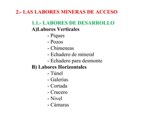 2.- LAS LABORES MINERAS DE ACCESO 
1.1.- LABORES DE DESARROLLO 
A)Labores Verticales 
- Piques 
- Pozos 
- Chimeneas 
- Echadero de mineral 
- Echadero para desmonte 
B) Labores Horizontales 
- Túnel 
- Galerías 
- Cortada 
- Crucero 
- Nivel 
- Cámaras 
 