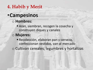 4. Habib y Merit
•Campesinos
o Hombres:
 Aran, siembran, recogen la cosecha y
construyen diques y canales
o Mujeres:
 Recolección, elaboran pan y cerveza,
confeccionan vestidos, van al mercado
o Cultivan cereales, legumbres y hortalizas
 