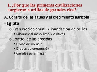 1. ¿Por qué las primeras civilizaciones
surgieron a orillas de grandes ríos?
A. Control de las aguas y el crecimiento agrícola
• Egipto
o Gran crecida anual -> inundación de orillas
 Riberas del río -> limo = cultivos
o Control de las crecidas
 Obras de drenaje
 Diques de contención
 Canales para irrigar
 