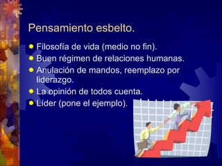 Pensamiento esbelto. Filosofía de vida (medio no fin). Buen régimen de relaciones humanas. Anulación de mandos, reemplazo por liderazgo. La opinión de todos cuenta. Líder (pone el ejemplo). 