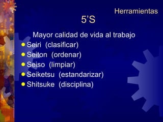 5’S Mayor calidad de vida al trabajo Seiri  (clasificar) Seiton  (ordenar) Seiso  (limpiar) Seiketsu  (estandarizar) Shitsuke  (disciplina) Herramientas 