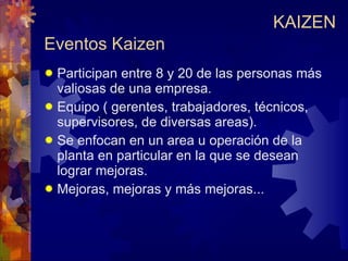 Eventos Kaizen Participan entre 8 y 20 de las personas más valiosas de una empresa. Equipo ( gerentes, trabajadores, técnicos, supervisores, de diversas areas). Se enfocan en un area u operación de la planta en particular en la que se desean lograr mejoras. Mejoras, mejoras y más mejoras... KAIZEN 