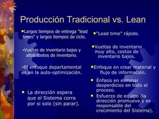 Producción Tradicional vs. Lean La dirección espera que el Sistema corra por si solo (sin parar).  É nfasis en eliminar desperdicios en todo el proceso. Esfuerzo de equipo (la dirección promueve y es responsable del crecimiento del Sistema). Largos tiempos de entrega "lead times" y largos tiempos de ciclo. “ Lead time”  rápido. Vueltas de inventario bajos y altos costos de inventario. Vueltas de inventario muy alto, costos de inventario bajos. El enfoque departamental es en la auto-optimización. Enfoque en crear material y flujo de información. 