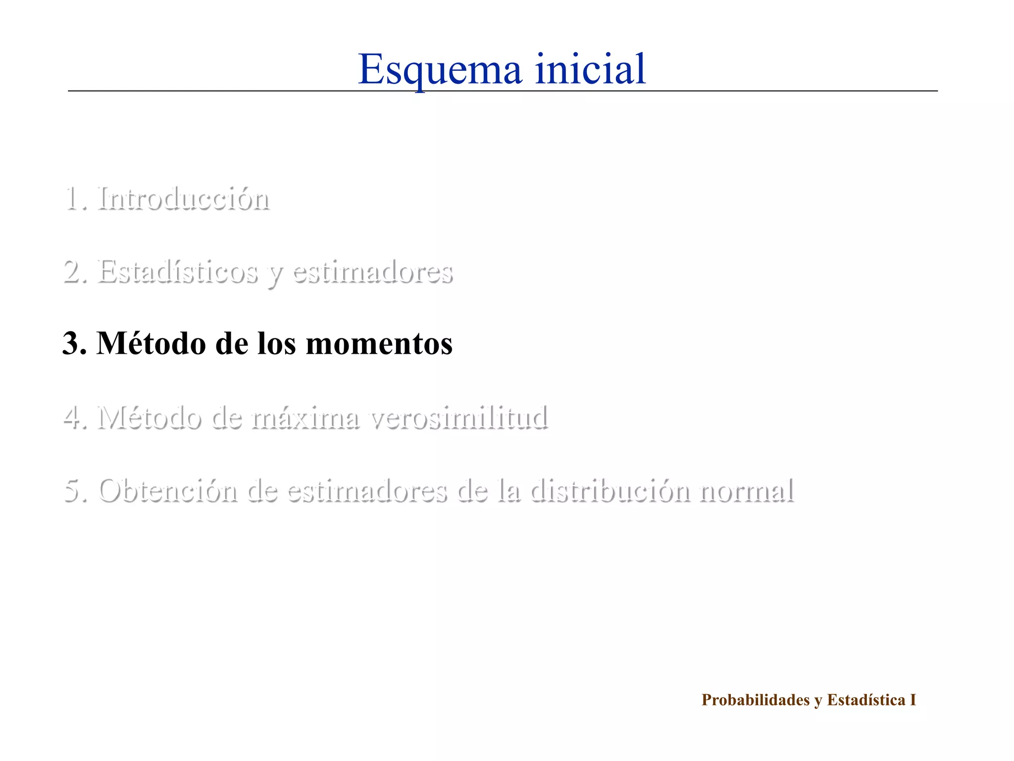 Esquema inicial

1. Introducción

2. Estadísticos y estimadores

3. Método de los momentos

4. Método de máxima verosimilitud

5. Obtención de estimadores de la distribución normal




                                              Probabilidades y Estadística I
 