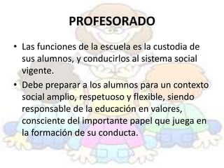 PROFESORADO
• Las funciones de la escuela es la custodia de
  sus alumnos, y conducirlos al sistema social
  vigente.
• Debe preparar a los alumnos para un contexto
  social amplio, respetuoso y flexible, siendo
  responsable de la educación en valores,
  consciente del importante papel que juega en
  la formación de su conducta.
 