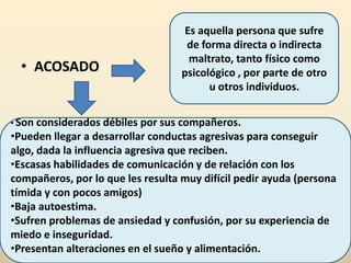 Es aquella persona que sufre
                                    de forma directa o indirecta
                                     maltrato, tanto físico como
  • ACOSADO                        psicológico , por parte de otro
                                         u otros individuos.


• Son considerados débiles por sus compañeros.
•Pueden llegar a desarrollar conductas agresivas para conseguir
algo, dada la influencia agresiva que reciben.
•Escasas habilidades de comunicación y de relación con los
compañeros, por lo que les resulta muy difícil pedir ayuda (persona
tímida y con pocos amigos)
•Baja autoestima.
•Sufren problemas de ansiedad y confusión, por su experiencia de
miedo e inseguridad.
•Presentan alteraciones en el sueño y alimentación.
 