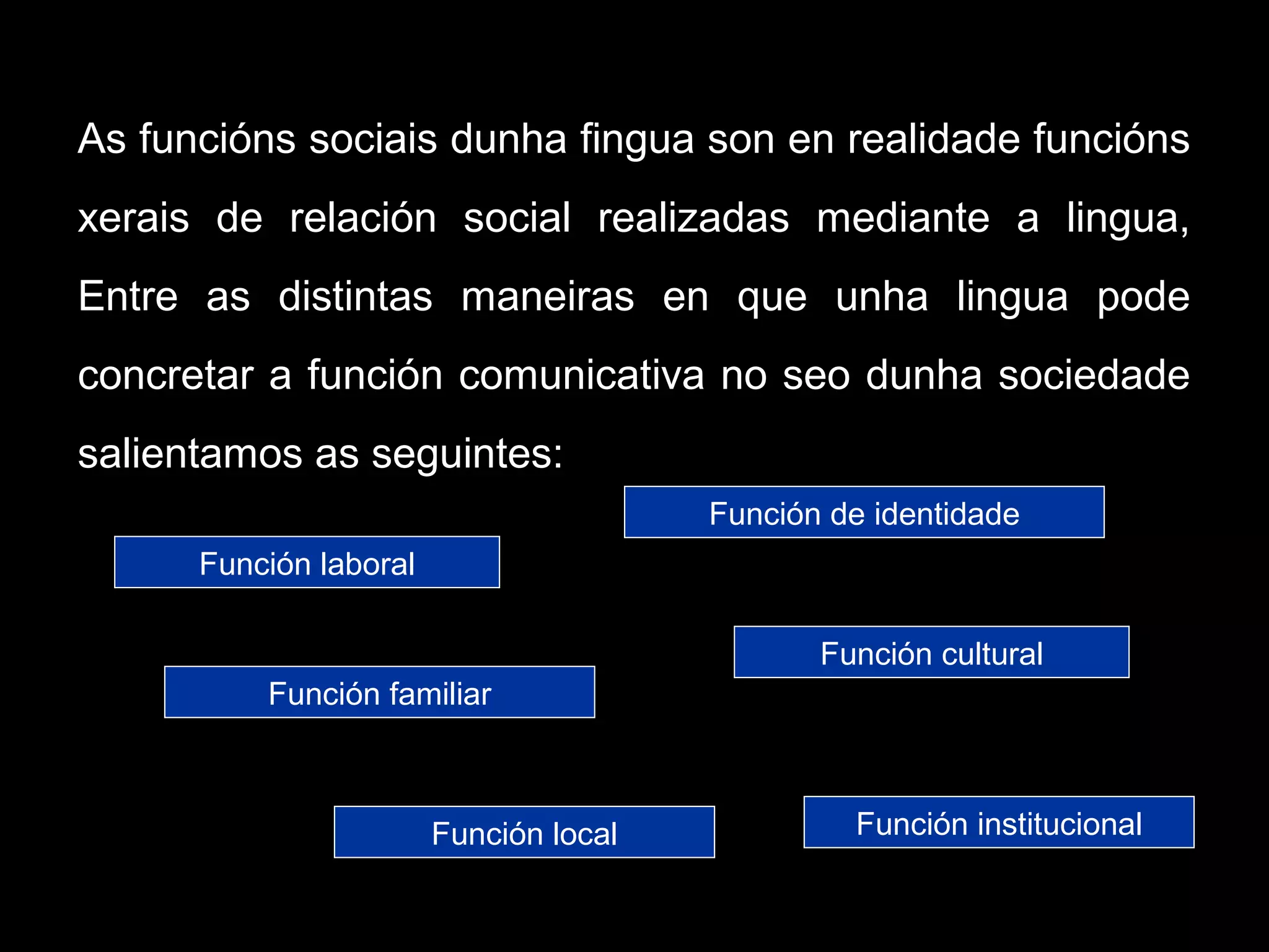 As funcións sociais dunha fingua son en realidade funcións
xerais de relación social realizadas mediante a lingua,
Entre as distintas maneiras en que unha lingua pode
concretar a función comunicativa no seo dunha sociedade
salientamos as seguintes:
Función de identidade
Función cultural
Función institucionalFunción local
Función laboral
Función familiar
 