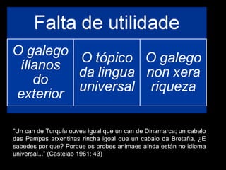"Un can de Turquía ouvea igual que un can de Dinamarca; un cabalo
das Pampas arxentinas rincha igoal que un cabalo da Bretaña. ¿E
sabedes por que? Porque os probes animaes aínda están no idioma
universal...” (Castelao 1961: 43)
 