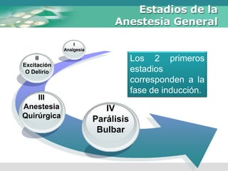 Estadios de la
Anestesia General
IV
Parálisis
Bulbar
III
Anestesia
Quirúrgica
II
Excitación
O Delírio
I
Analgesia
Los 2 primeros
estadios
corresponden a la
fase de inducción.
 