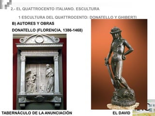 2.- EL QUATTROCENTO ITALIANO. ESCULTURA

      1 ESCULTURA DEL QUATTROCENTO: DONATELLO Y GHIBERTI
    B) AUTORES Y OBRAS
    DONATELLO (FLORENCIA, 1386-1468)




TABERNÁCULO DE LA ANUNCIACIÓN                EL DAVID
 
