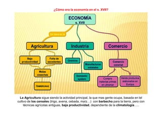 ¿Cómo era la economía en el s. XVII?
La Agricultura sigue siendo la actividad principal, la que mas gente ocupa, basada en lel
cultivo de los cereales (trigo, avena, cebada, maíz…) con barbecho para la tierra, pero con
técnicas agrícolas antiguas, baja productividad, dependiente de la climatología…..
 