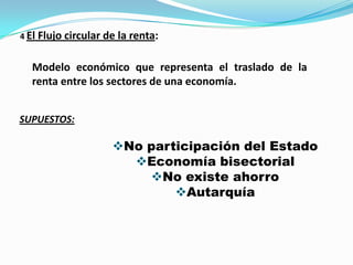 4 El Flujo circular de

la renta:

Modelo económico que representa el traslado de la
renta entre los sectores de una economía.
SUPUESTOS:

No participación del Estado
Economía bisectorial
No existe ahorro
Autarquía

 