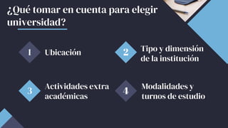 ¿Qué tomar en cuenta para elegir
universidad?
1 Ubicación Tipo y dimensión
de la institución
2
Actividades extra
académicas
3
Modalidades y
turnos de estudio
4
 