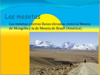 Las mesetas
 Las mesetas o tierras llanas elevadas, como la Meseta
de Mongolia y la de Meseta de Brasil (América).
 
