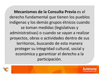 Mecanismos de la Consulta Previa es el
derecho fundamental que tienen los pueblos
indígenas y los demás grupos étnicos cuando
se toman medidas (legislativas y
administrativas) o cuando se vayan a realizar
proyectos, obras o actividades dentro de sus
territorios, buscando de esta manera
proteger su integridad cultural, social y
económica y garantizar el derecho a la
participación.
 