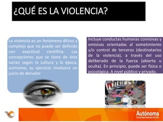 ¿QUÉ ES LA VIOLENCIA?
no
La violencia es un fenómeno difuso y
complejo que no puede ser definido
con exactitud científica. Las
concepciones que se tiene de ésta
varían según la cultura y la época,
asimismo, su ejercicio involucra un
juicio de desvalor
Incluye conductas humanas comisivas y
omisivas orientadas al sometimiento
y/o control de terceros (destinatarios
de la violencia), a través del uso
deliberado de la fuerza (abierta u
oculta). En principio, puede ser física o
psicológica. A nivel público y privado.
 