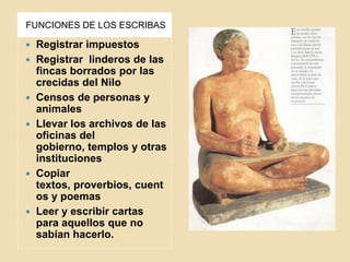 FUNCIONES DE LOS ESCRIBAS

   Registrar impuestos
   Registrar linderos de las
    fincas borrados por las
    crecidas del Nilo
   Censos de personas y
    animales
   Llevar los archivos de las
    oficinas del
    gobierno, templos y otras
    instituciones
   Copiar
    textos, proverbios, cuent
    os y poemas
   Leer y escribir cartas
    para aquellos que no
    sabían hacerlo.
 