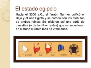 El estado egipcio
Hacia el 3000 a.C., el faraón Narmer unificó el
Bajo y el Alto Egipto y se coronó con los atributos
de ambos reinos. Se iniciaron así una serie de
dinastías (o de familias reales) que se sucedieron
en el trono durante más de 2500 años.
 