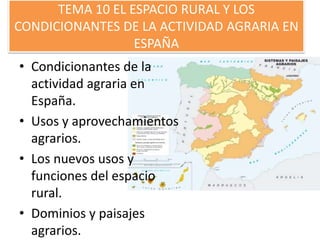 TEMA 10 EL ESPACIO RURAL Y LOS
CONDICIONANTES DE LA ACTIVIDAD AGRARIA EN
                  ESPAÑA
• Condicionantes de la
 ...