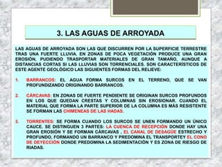 3. LAS AGUAS DE ARROYADA
LAS AGUAS DE ARROYADA SON LAS QUE DISCURREN POR LA SUPERFICIE TERRESTRE
TRAS UNA FUERTE LLUVIA. EN ZONAS DE POCA VEGETACIÓN PRODUCE UNA GRAN
EROSIÓN, PUDIENDO TRASPORTAR MATERIALES DE GRAN TAMAÑO, AUNQUE A
DISTANCIAS CORTAS SI LAS LLUVIAS SON TORRENCIALES. SON CARACTERÍSTICOS DE
ESTE AGENTE GEOLÓGICO LAS SIGUIENTES FORMAS DEL RELIEVE:
1. BARRANCOS: EL AGUA FORMA SURCOS EN EL TERRENO, QUE SE VAN
PROFUNDIZANDO ORIGINANDO BARRANCOS.
2. CÁRCAVAS: EN ZONAS DE FUERTE PENDIENTE SE ORIGINAN SURCOS PROFUNDOS
EN LOS QUE QUEDAN CRESTAS Y COLUMNAS SIN EROSIONAR. CUANDO EL
MATERIAL QUE FORMA LA PARTE SUPERIOR DE LA COLUMNA ES MÁS RESISTENTE
SE FORMAN LAS CHIMENEAS DE LAS HADAS.
3. TORRENTES: SE FORMA CUANDO LOS SURCOS SE UNEN FORMANDO UN ÚNICO
CAUCE. SE DISTINGUEN 3 PARTES: LA CUENCA DE RECEPCIÓN DONDE HAY UNA
GRAN EROSIÓN Y SE FORMAN CÁRCAVAS , EL CANAL DE DESAGÜE ESTRECHO Y
PROFUNDO, FORMANDO UN BARRANCO Y PREDOMINA EL TRANSPORTEY EL CONO
DE DEYECCIÓN DONDE PREDOMINA LA SEDIMENTACIÓN Y ES ZONA DE RIESGO DE
RIADAS.
 